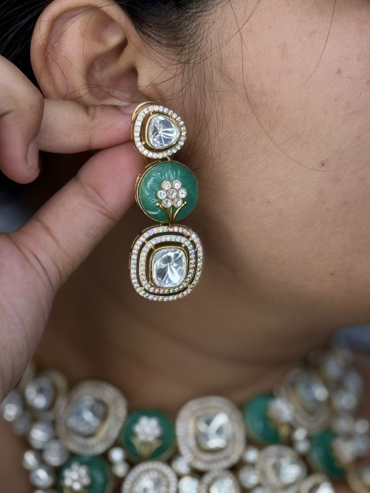 Carved Stone with mossanite and cz Semi Bridal Choker