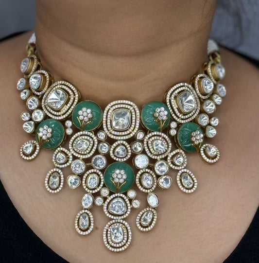 Carved Stone with mossanite and cz Semi Bridal Choker