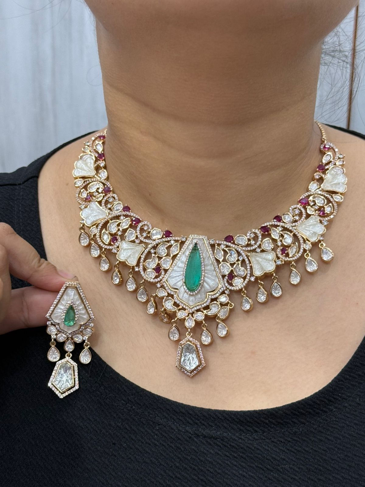 MOP With Mossanite Necklace With Kemp Stones For Women