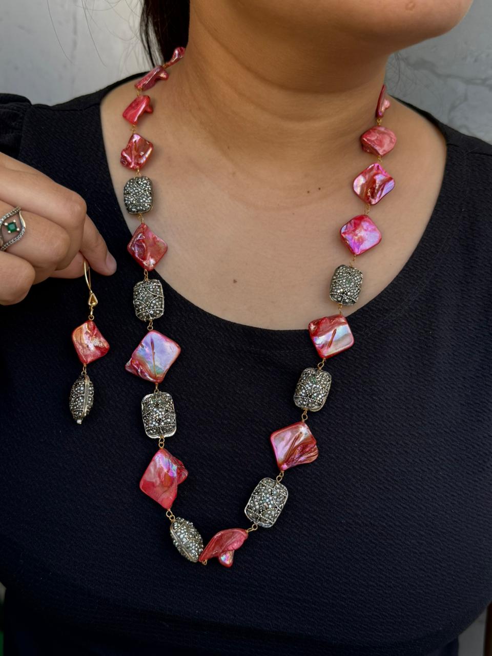 baroque with tanjore beading mala red for woman