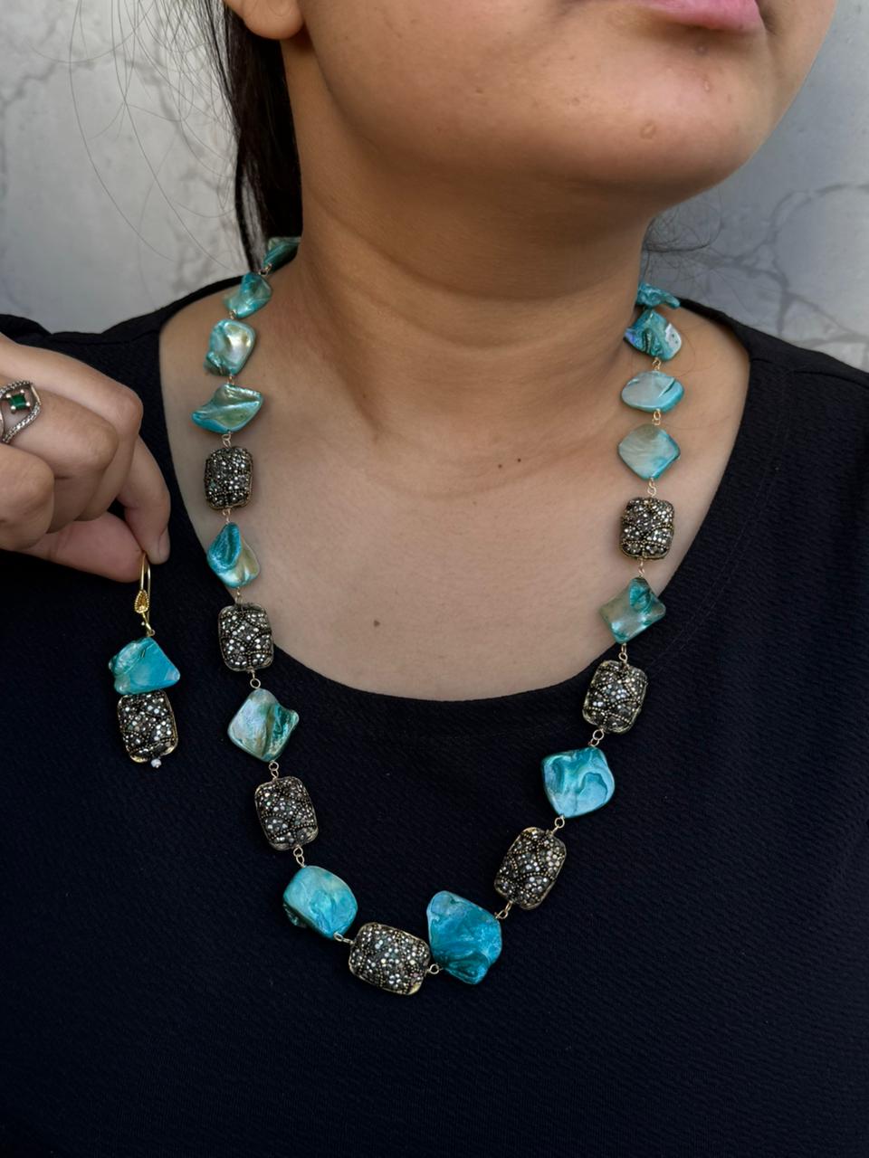 baroque with tanjore beading mala blue for woman