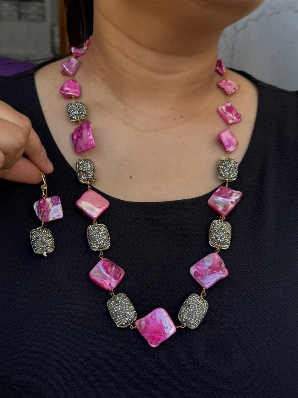 baroque with tanjore beading mala in pink for woman