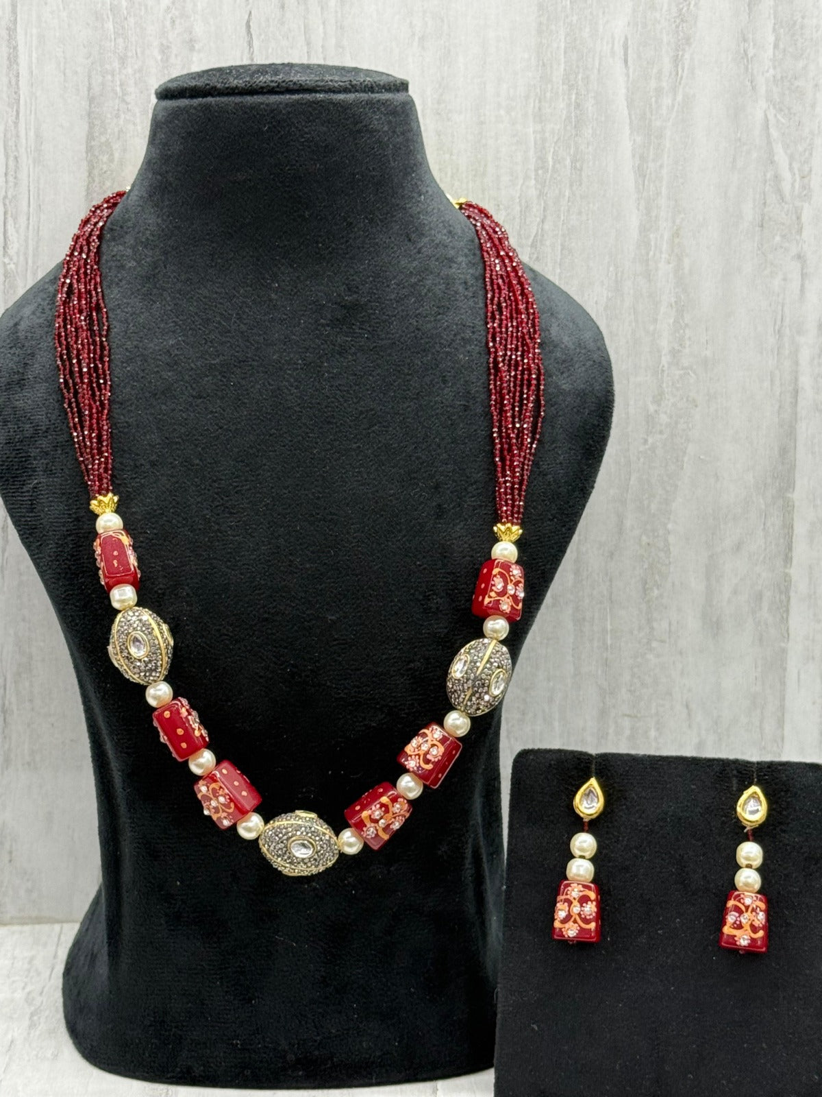 tanjore with tumbles beading mala in red for woman