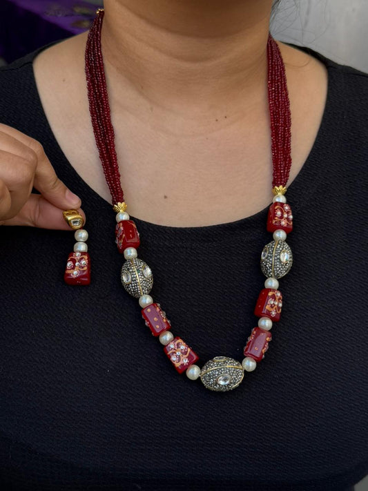 tanjore with tumbles beading mala in red for woman
