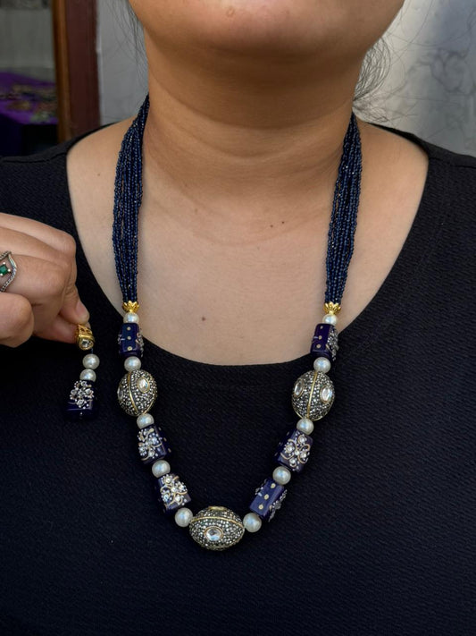 tanjore with tumbles beading mala in blue for woman