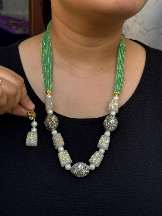 tanjore with tumbles beading mala in mint for woman