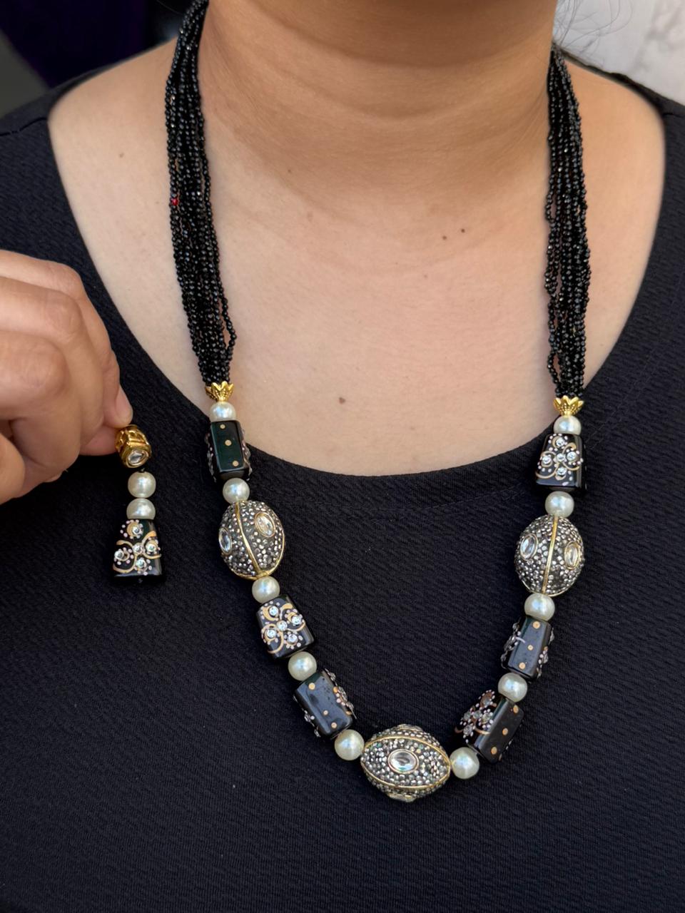 tanjore with tumbles beading mala in black for woman