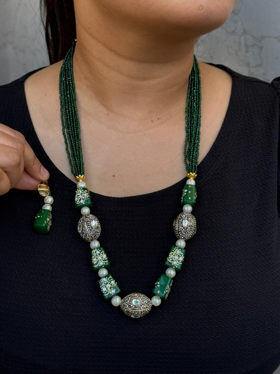 tanjore with tumbles beading mala in green for woman
