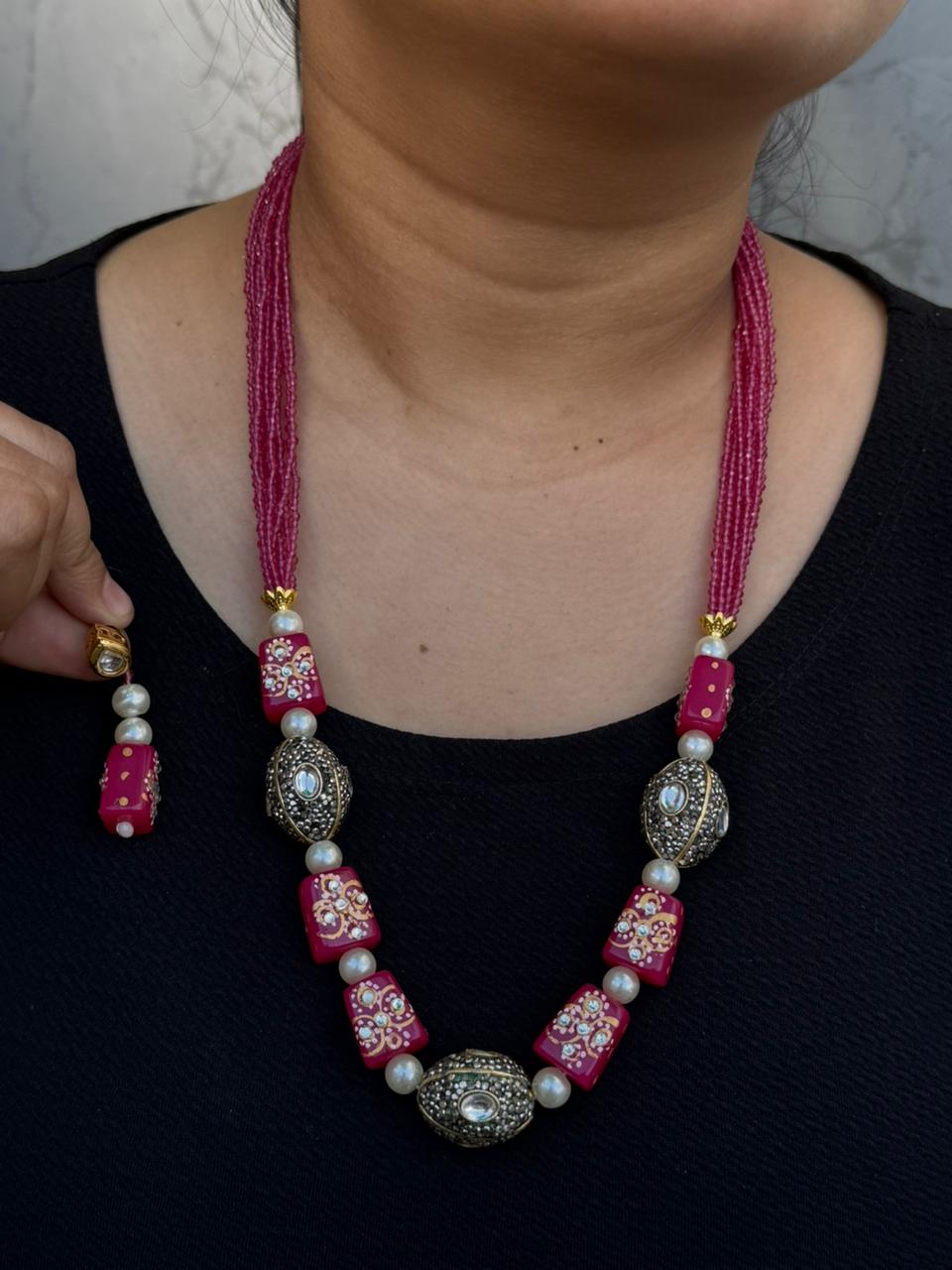 tanjore with tumbles beading mala in pink for woman