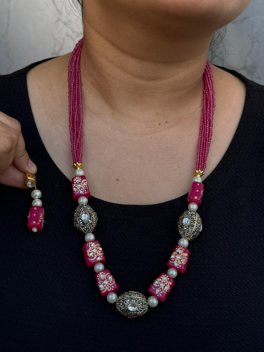 tanjore with tumbles beading mala in pink for woman