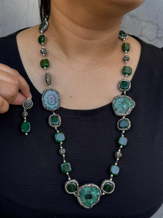 black CZ with tanjore beads mala in green for woman