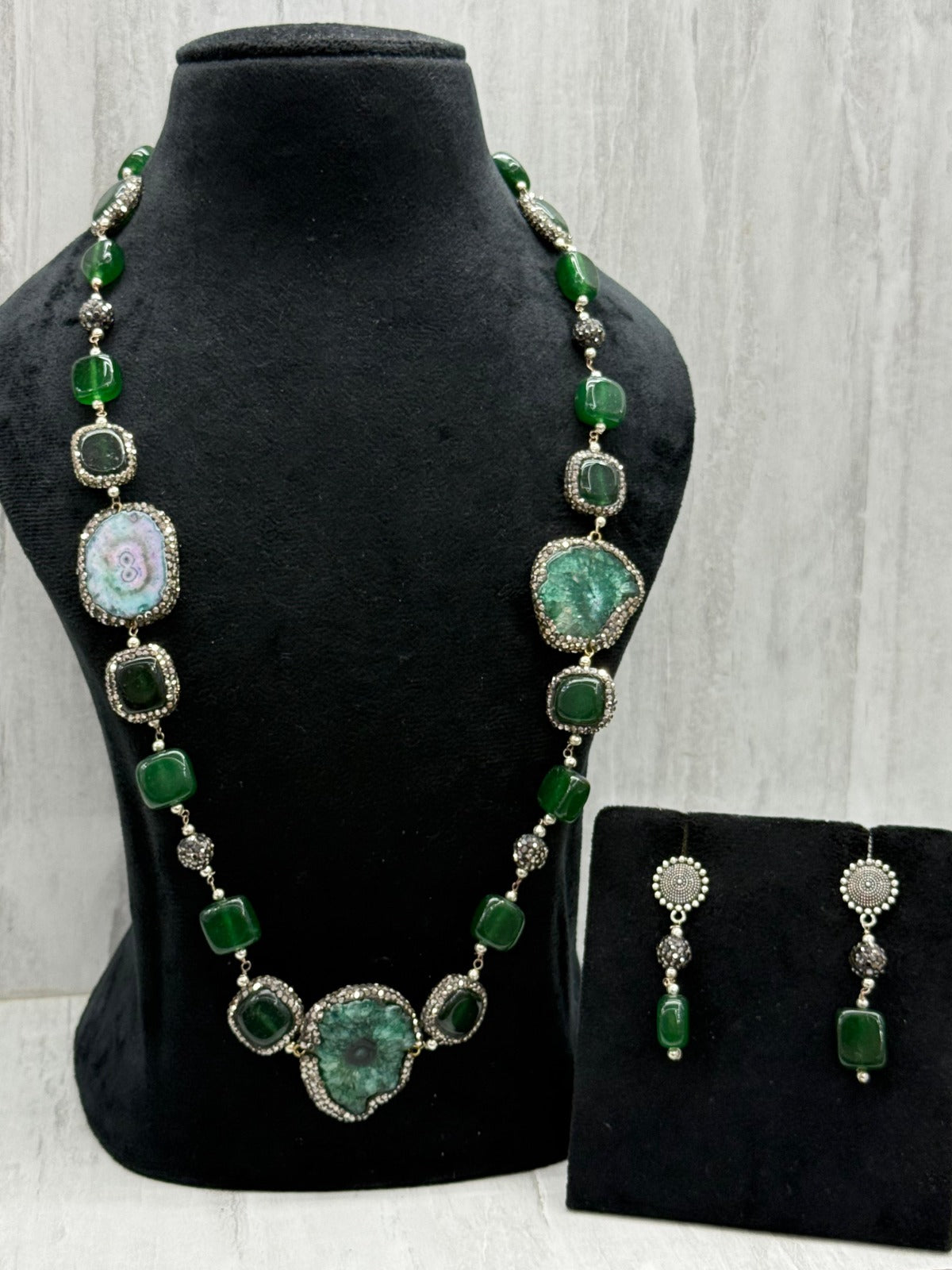 black CZ with tanjore beads mala in green for woman