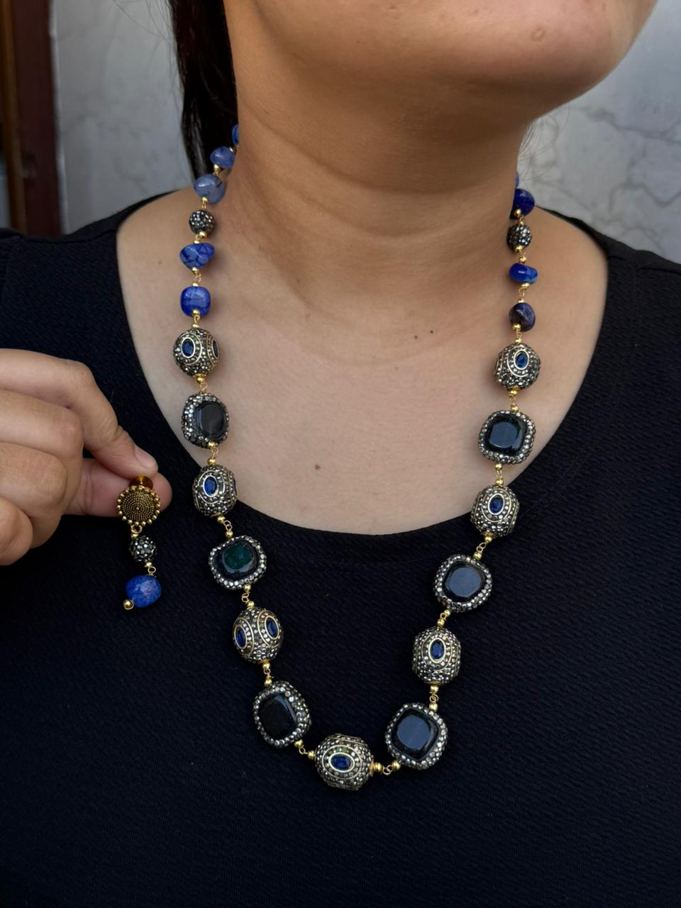 oyne beads with black tanjore bolls in blue for woman