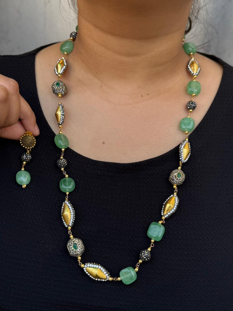 precious stone with CZ mala in mint for woman
