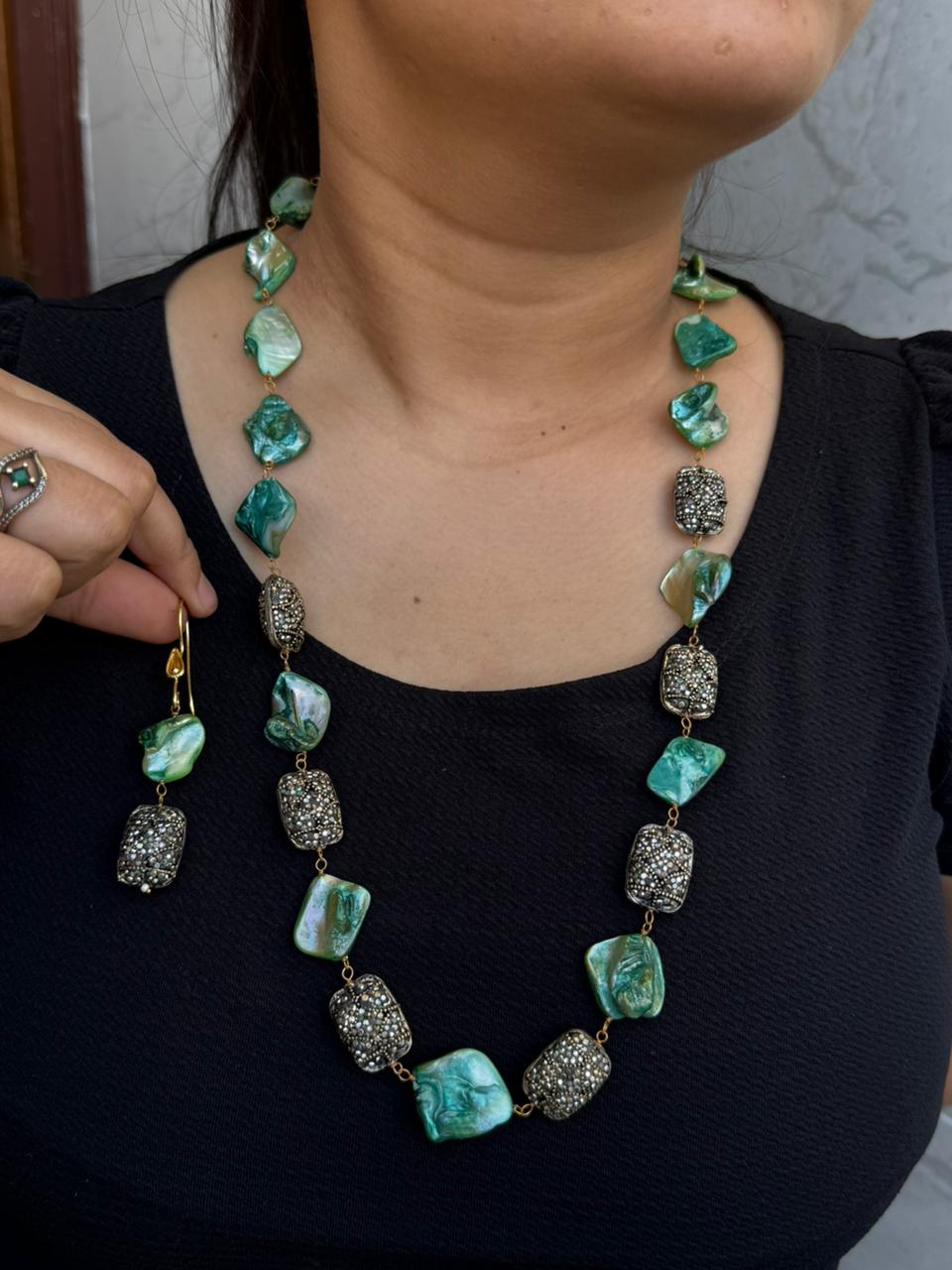 baroque with tanjore beading mala green for woman