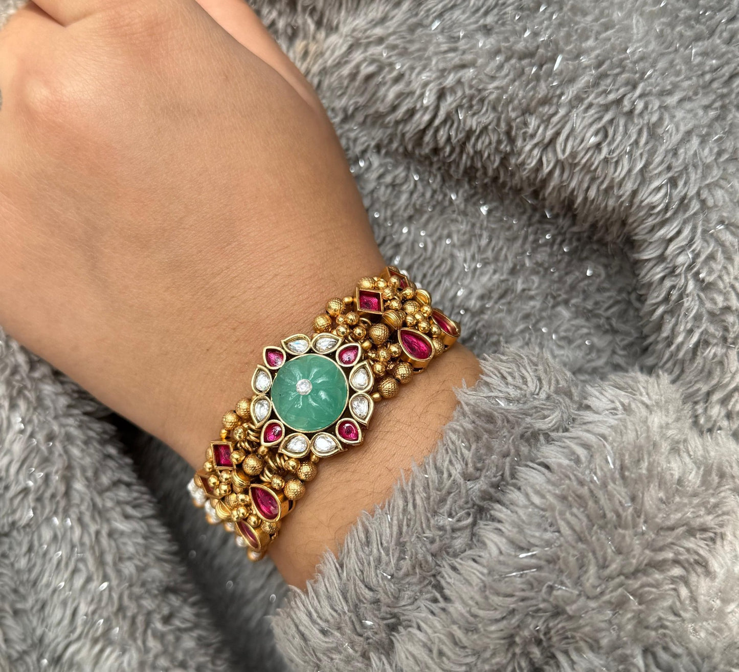 Carved Stone With Golden Rajwadi Bracelet for woman