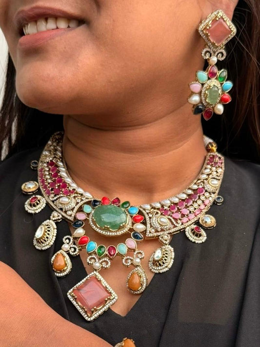 Natural Stones With cz And Kundan Sabya Inspired Necklace