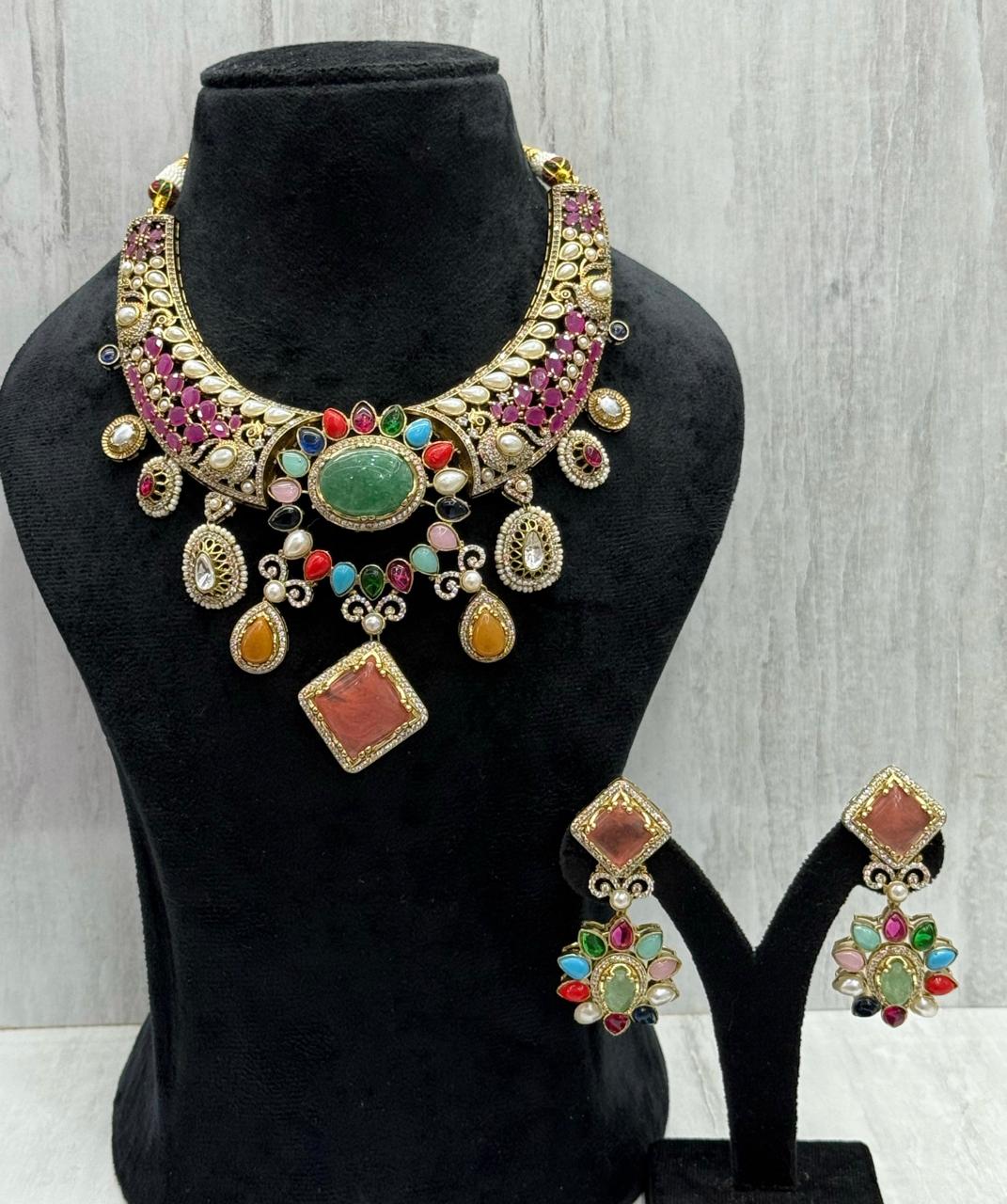 Natural Stones With cz And Kundan Sabya Inspired Necklace