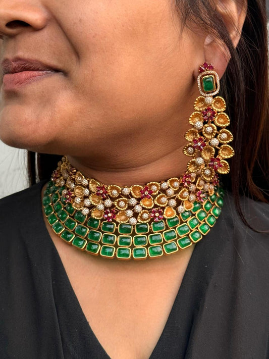 Colorful Bridal Necklace With cz And Pota Stones With Earring For Women