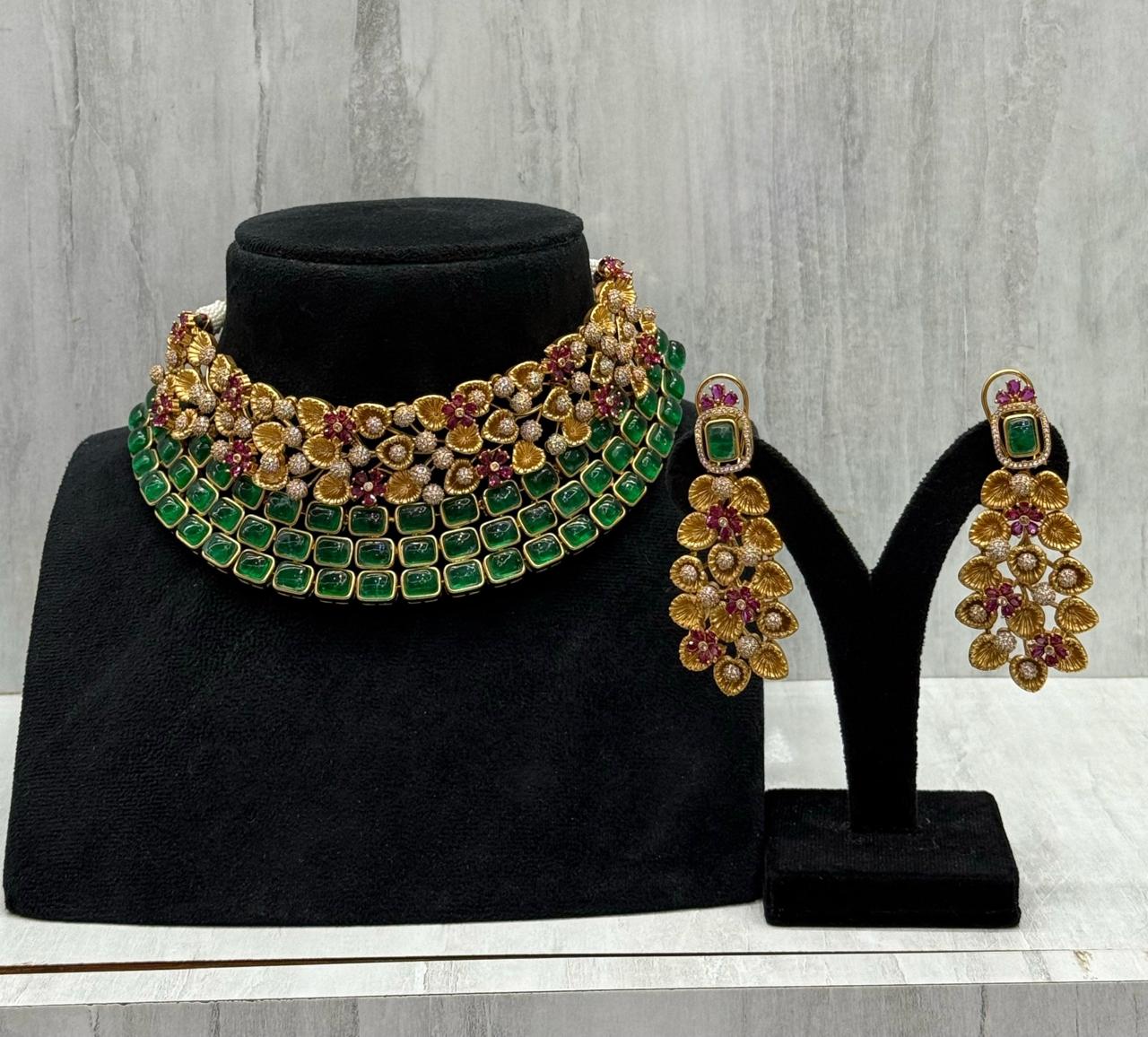 Colorful Bridal Necklace With cz And Pota Stones With Earring For Women