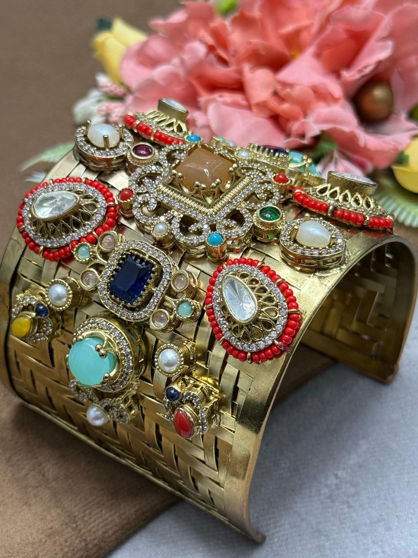 Antique With Precious Stones With Side Beading Bracelet For Women