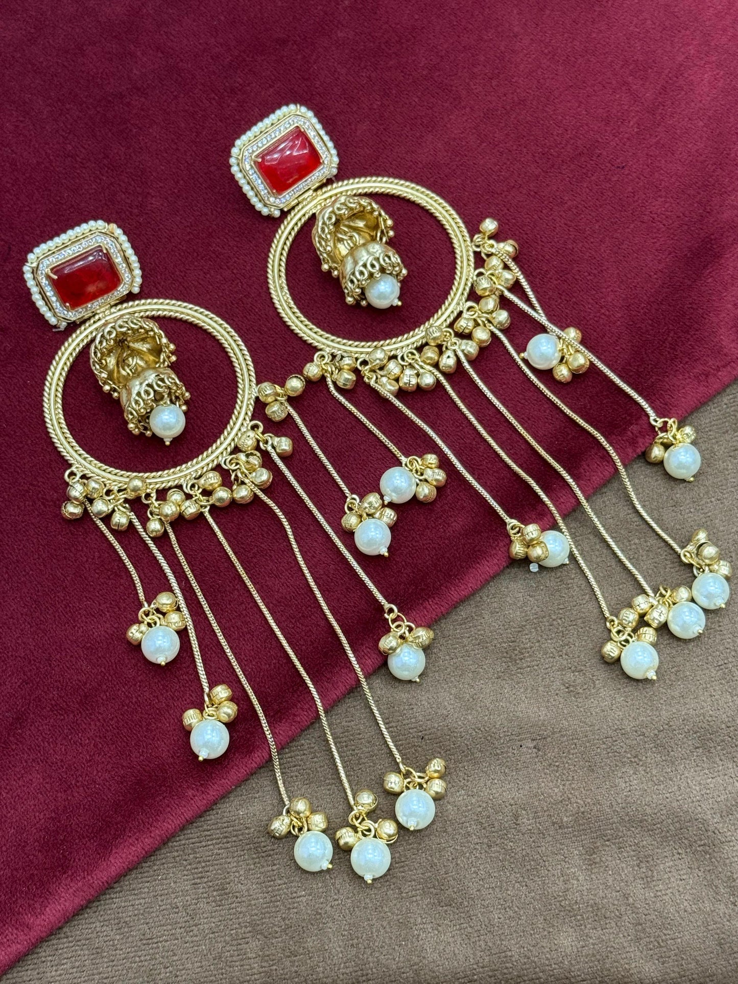 Chandbali With Doublet Stone Kashmri Earrings in Red For Women