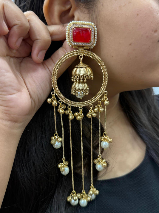 Chandbali With Doublet Stone Kashmri Earrings in Red For Women