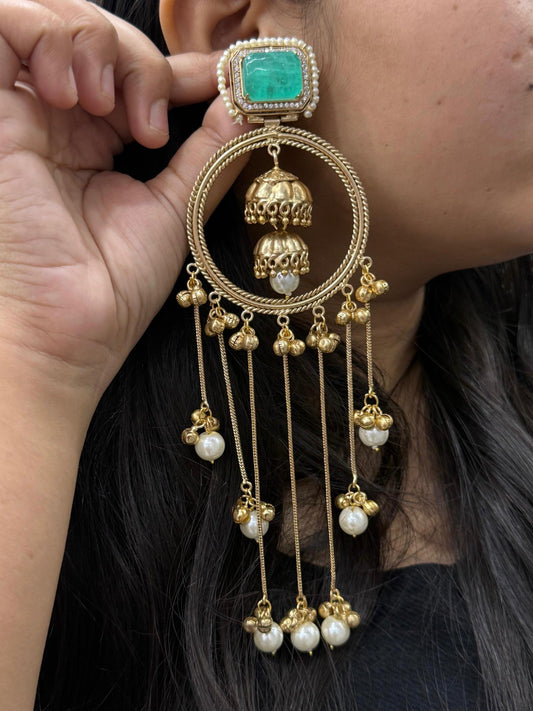 Chandbali With Doublet Stone Kashmri Earrings in Mint For Women