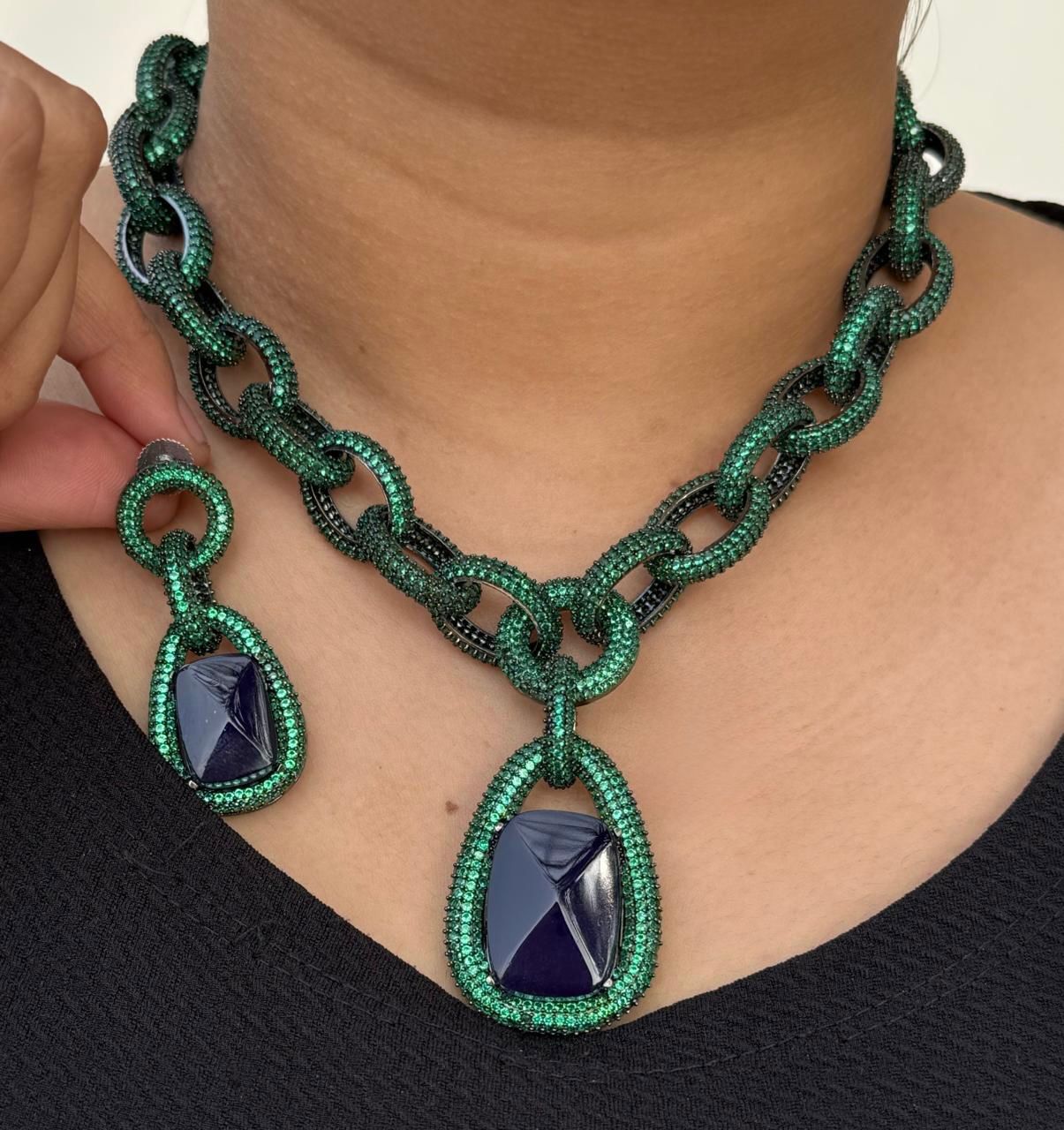 Chain Long Necklace With Doublets And cz With Earrings For Women