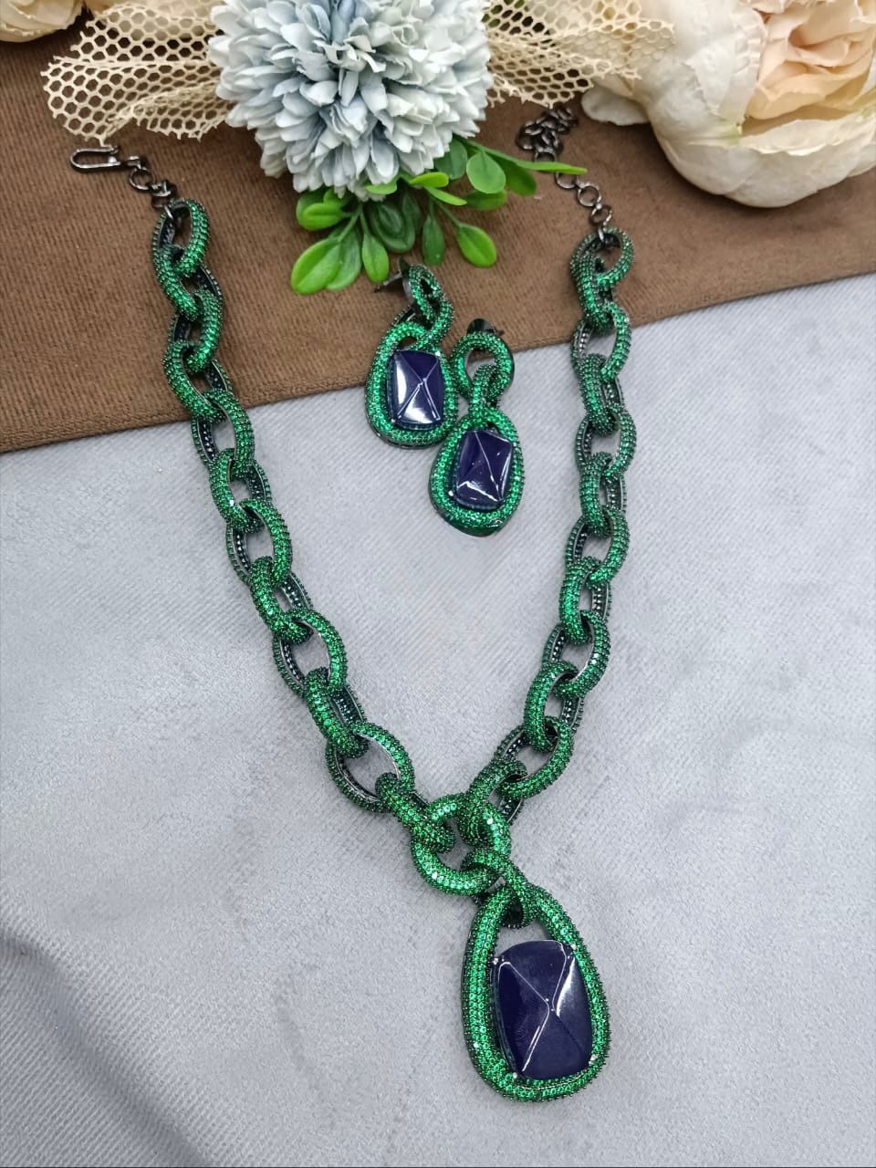 Chain Long Necklace With Doublets And cz With Earrings For Women