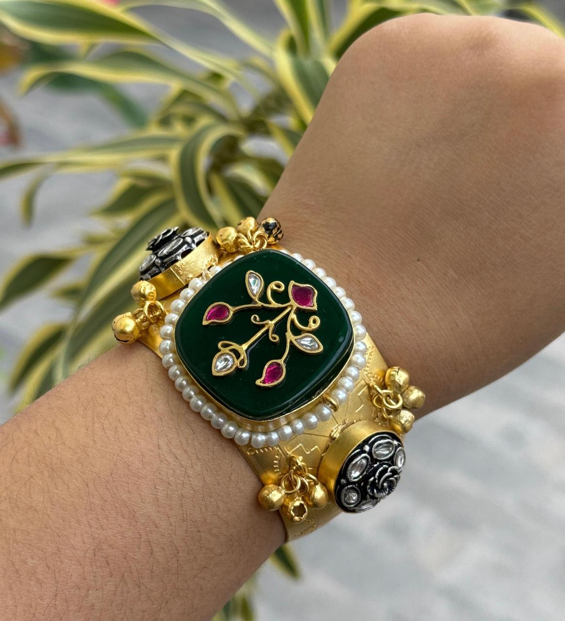 brass gold plated handcuff bracelet in green for woman