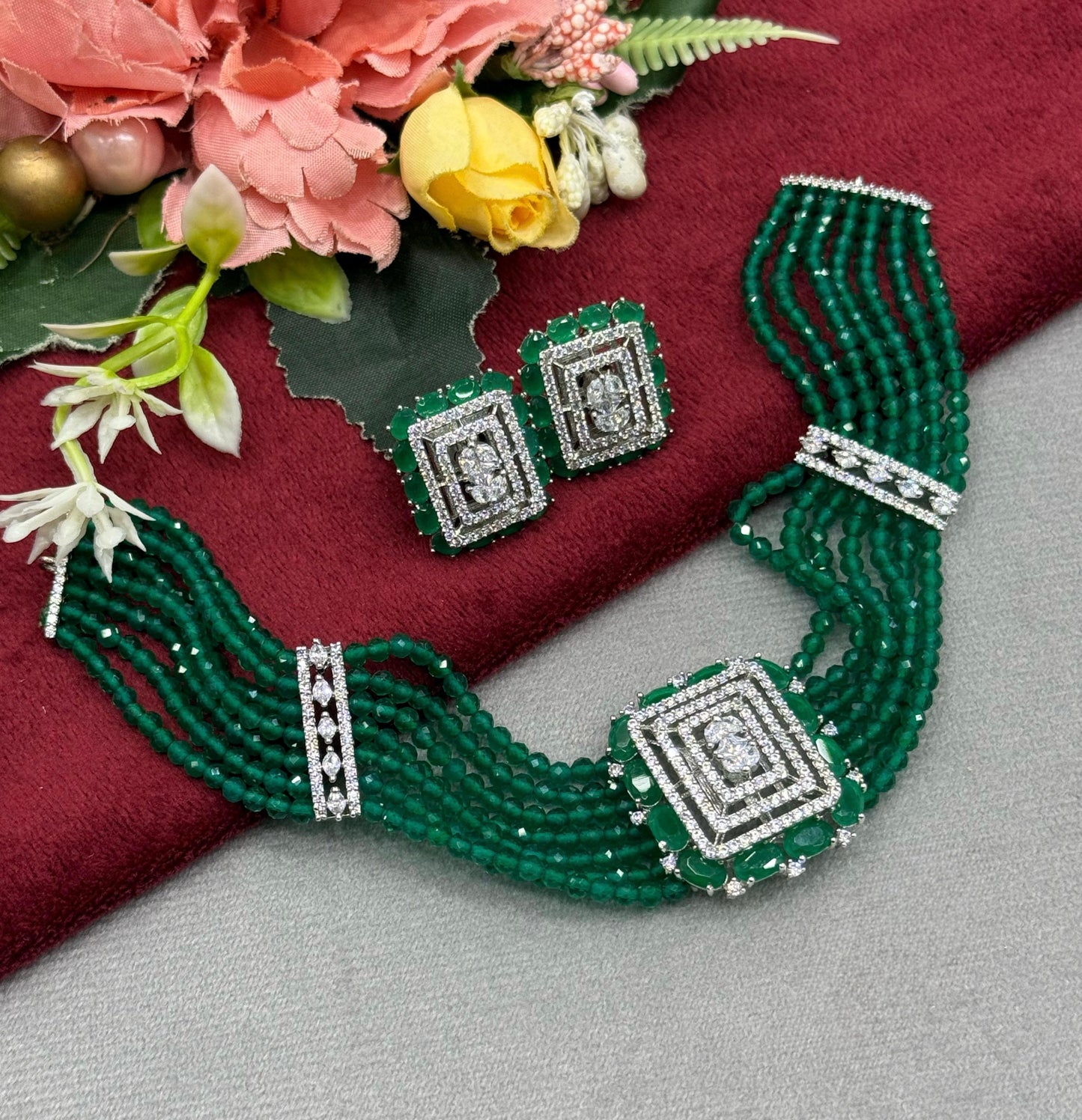 Square CZ With Beaded Choker In Green
