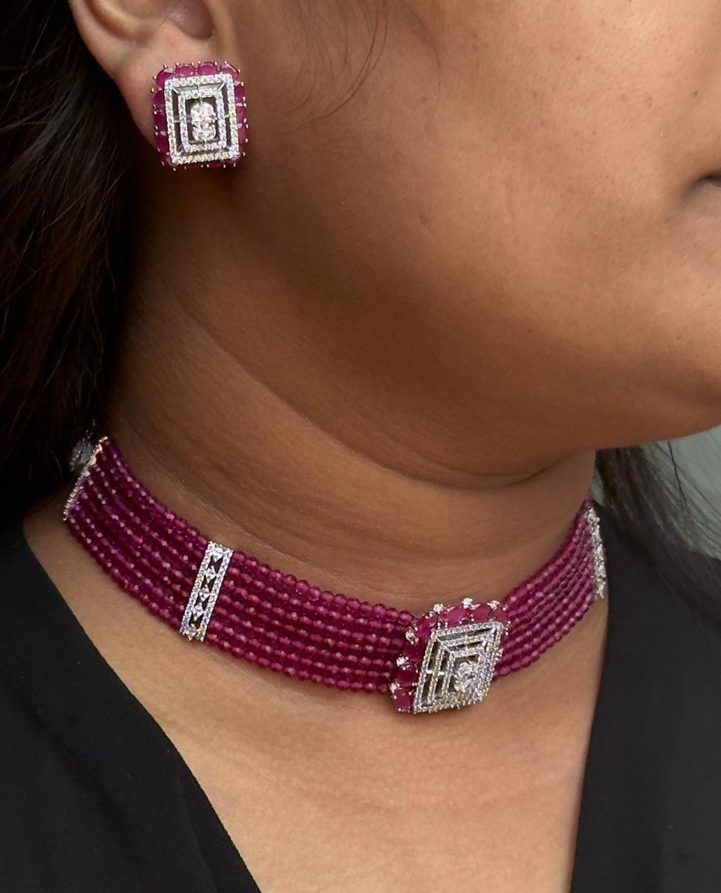 Square CZ With Beaded Choker In Ruby