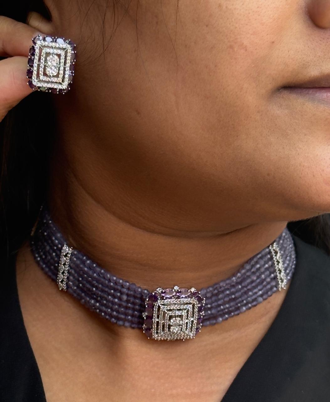 Square CZ With Beaded Choker In Amethist