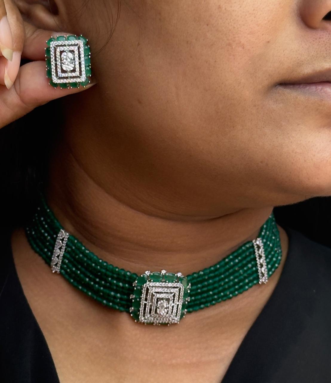 Square CZ With Beaded Choker In Green