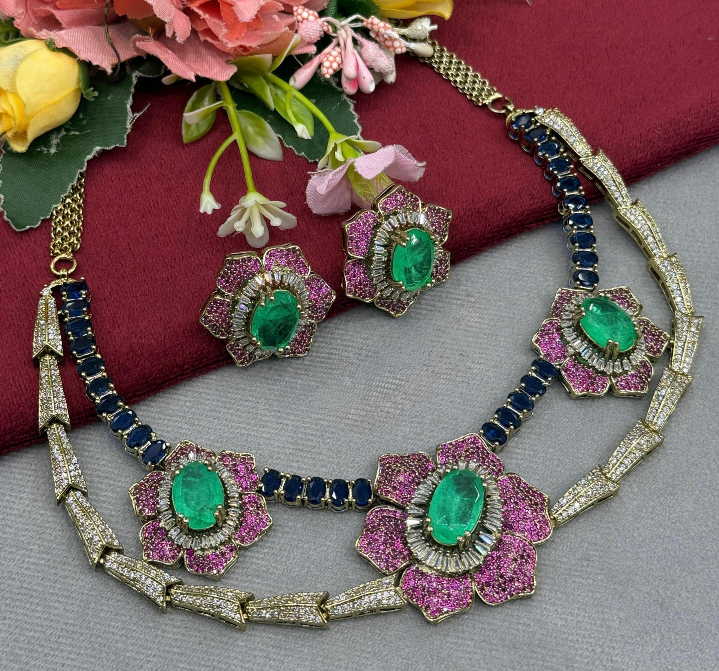 Double Line CZ With Mehandi Polish Floral Necklace