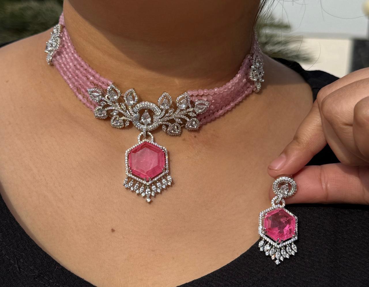 Beaded Choker IN CZ With Doublet Stone In Light Pink