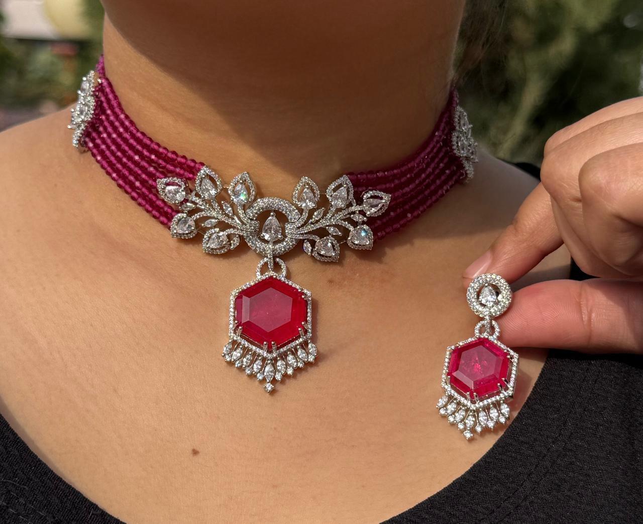 Beaded Choker IN CZ With Doublet Stone In Pink