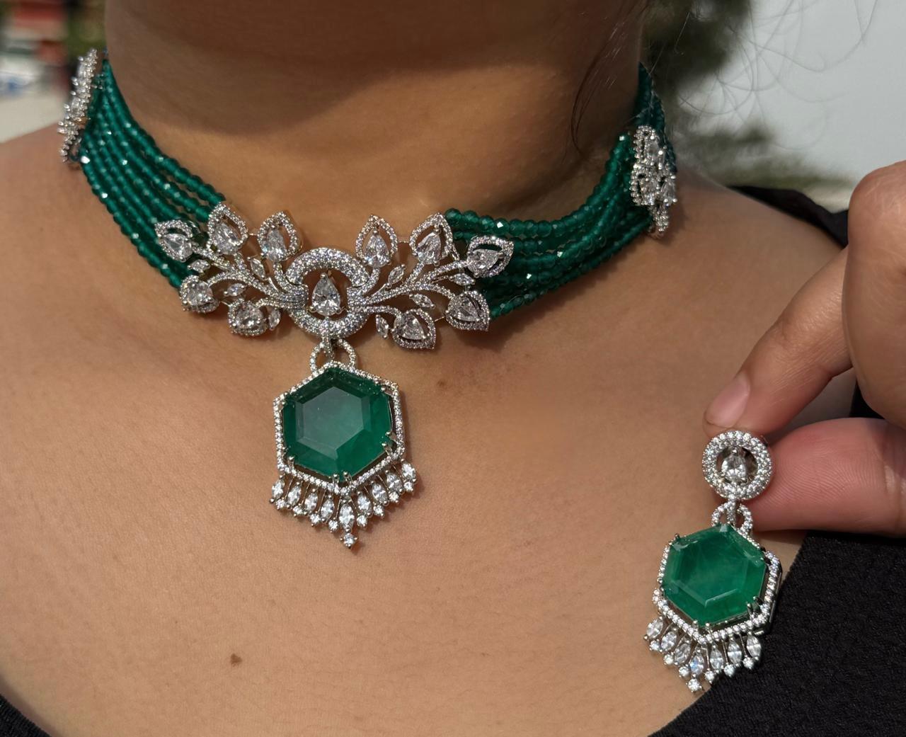 Beaded Choker IN CZ With Doublet Stone In Green
