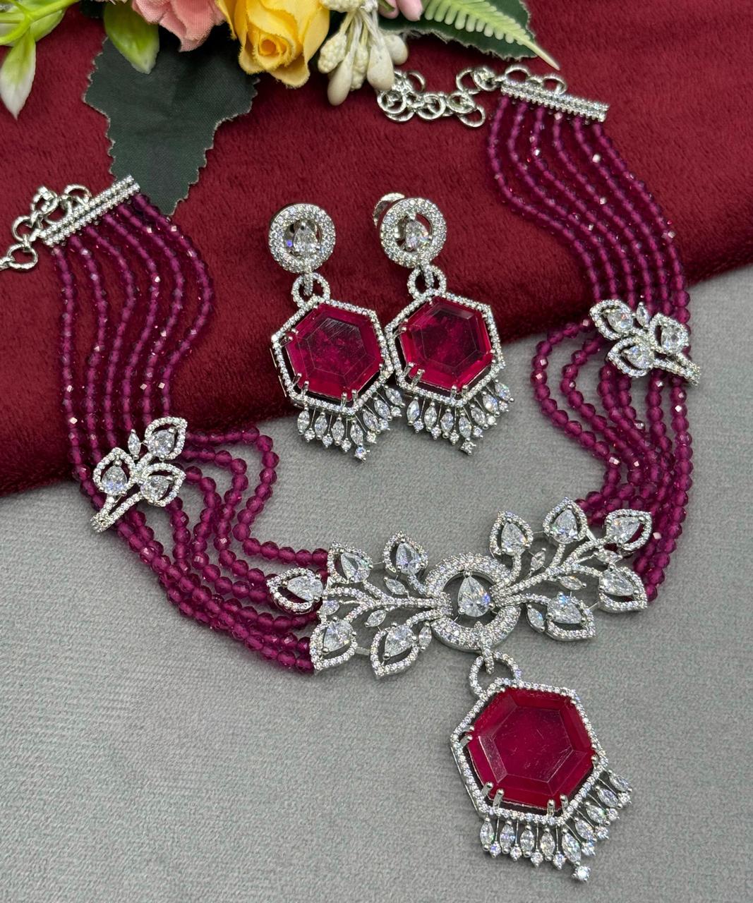 Beaded Choker IN CZ With Doublet Stone In Pink