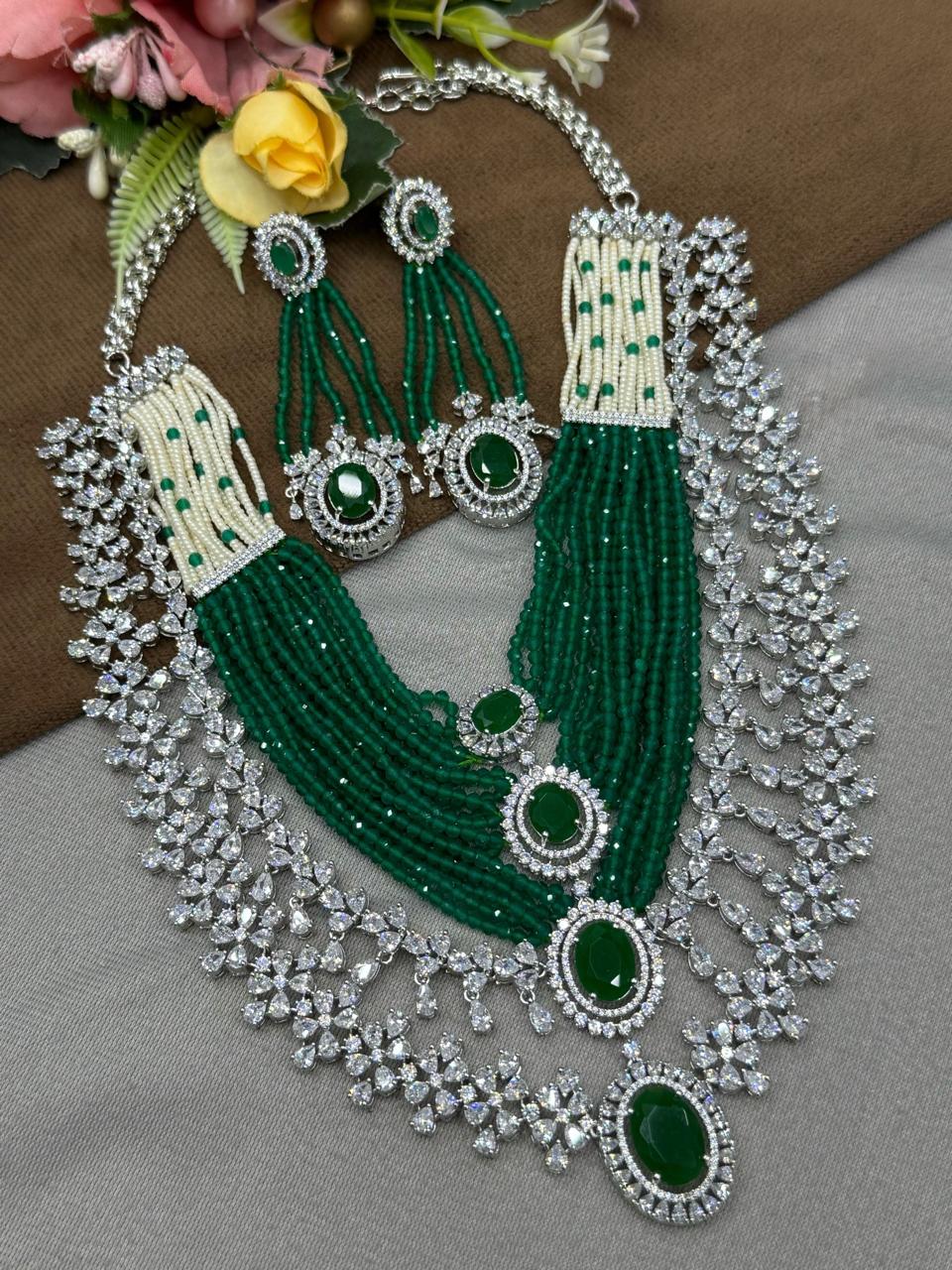 Broad Long cz Doublet With CZ Necklace In Green