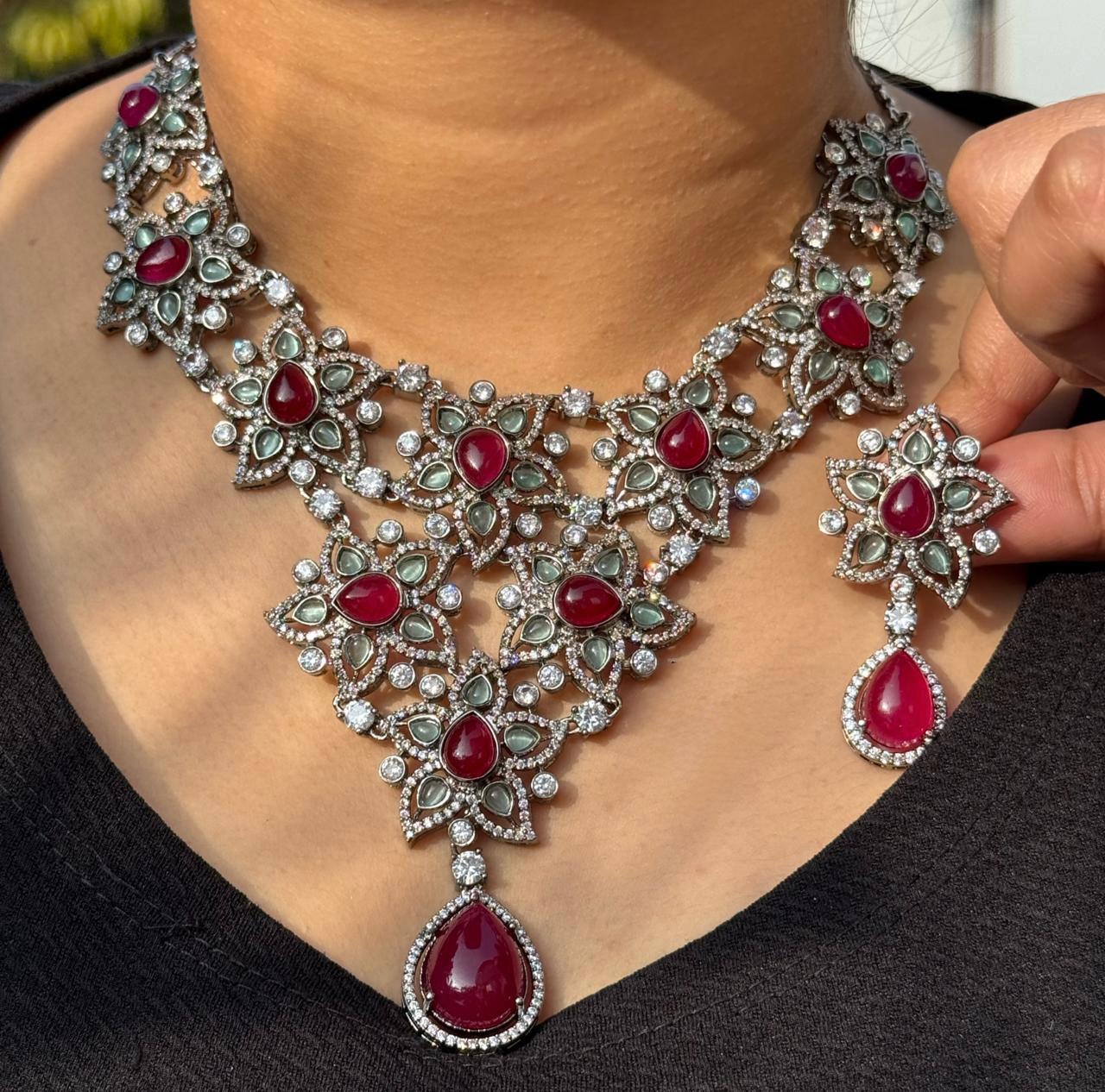Victorian Polish CZ Floral Necklace With Earrings