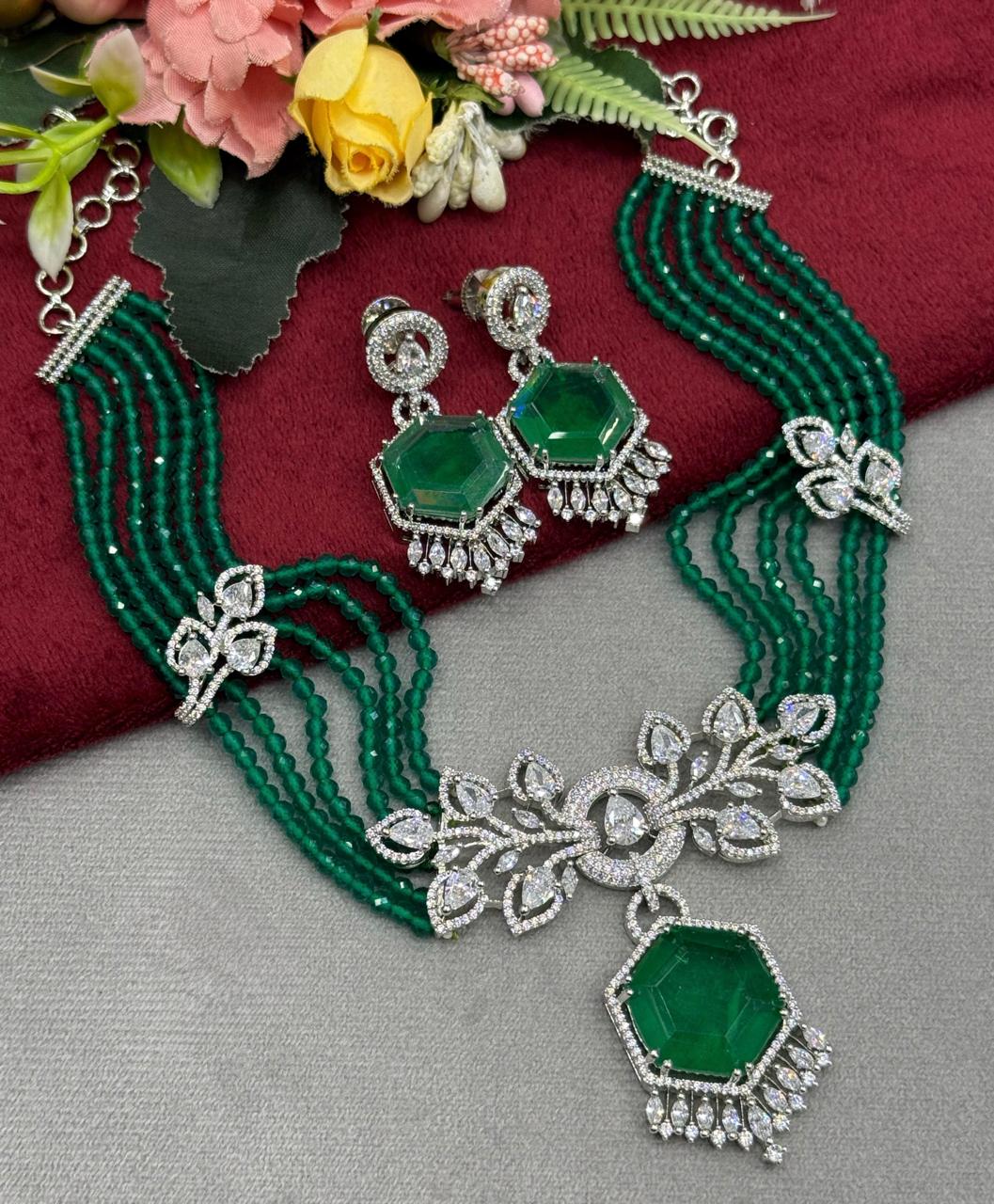 Beaded Choker IN CZ With Doublet Stone In Green