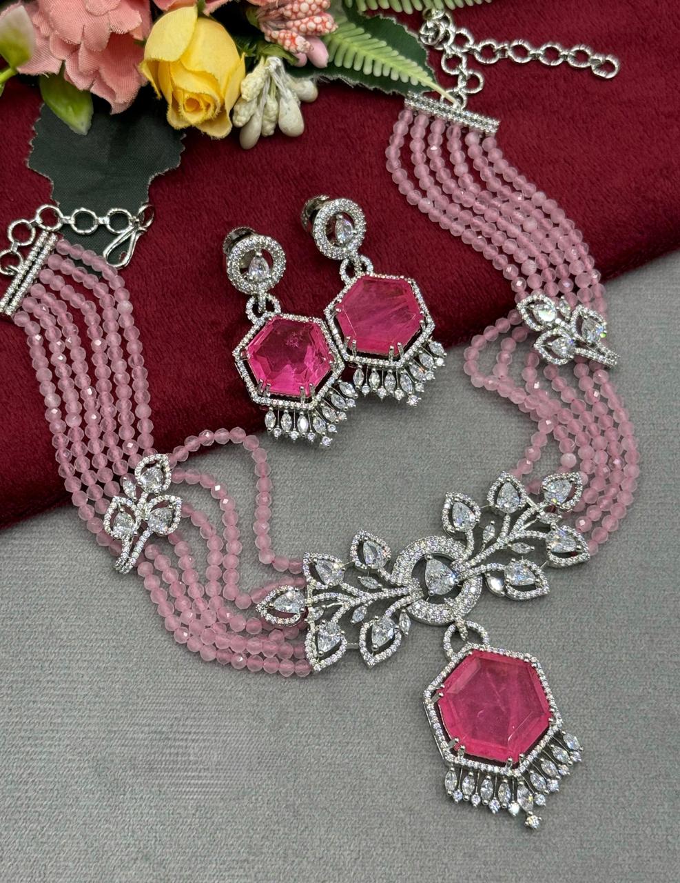 Beaded Choker IN CZ With Doublet Stone In Light Pink