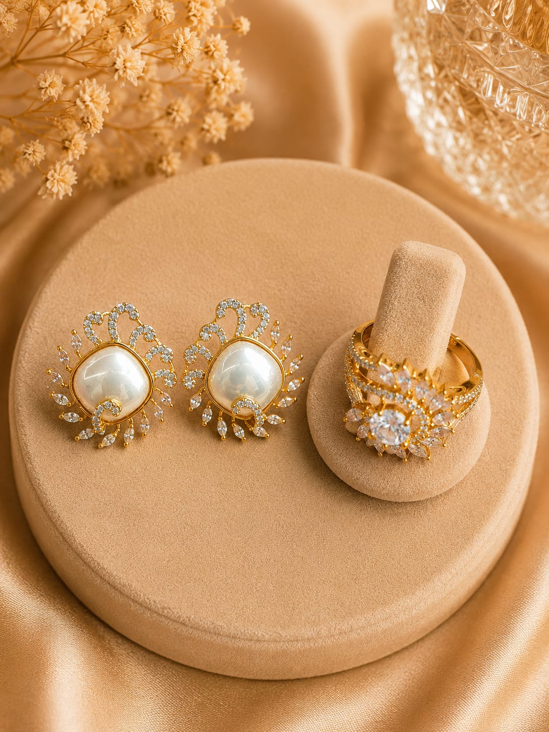 CZ With Pearl Studs And Ring Combo for women And Girls