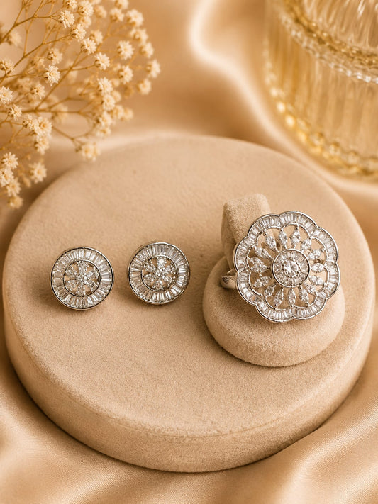 Silver Polish Studs And Ring For Women Girls