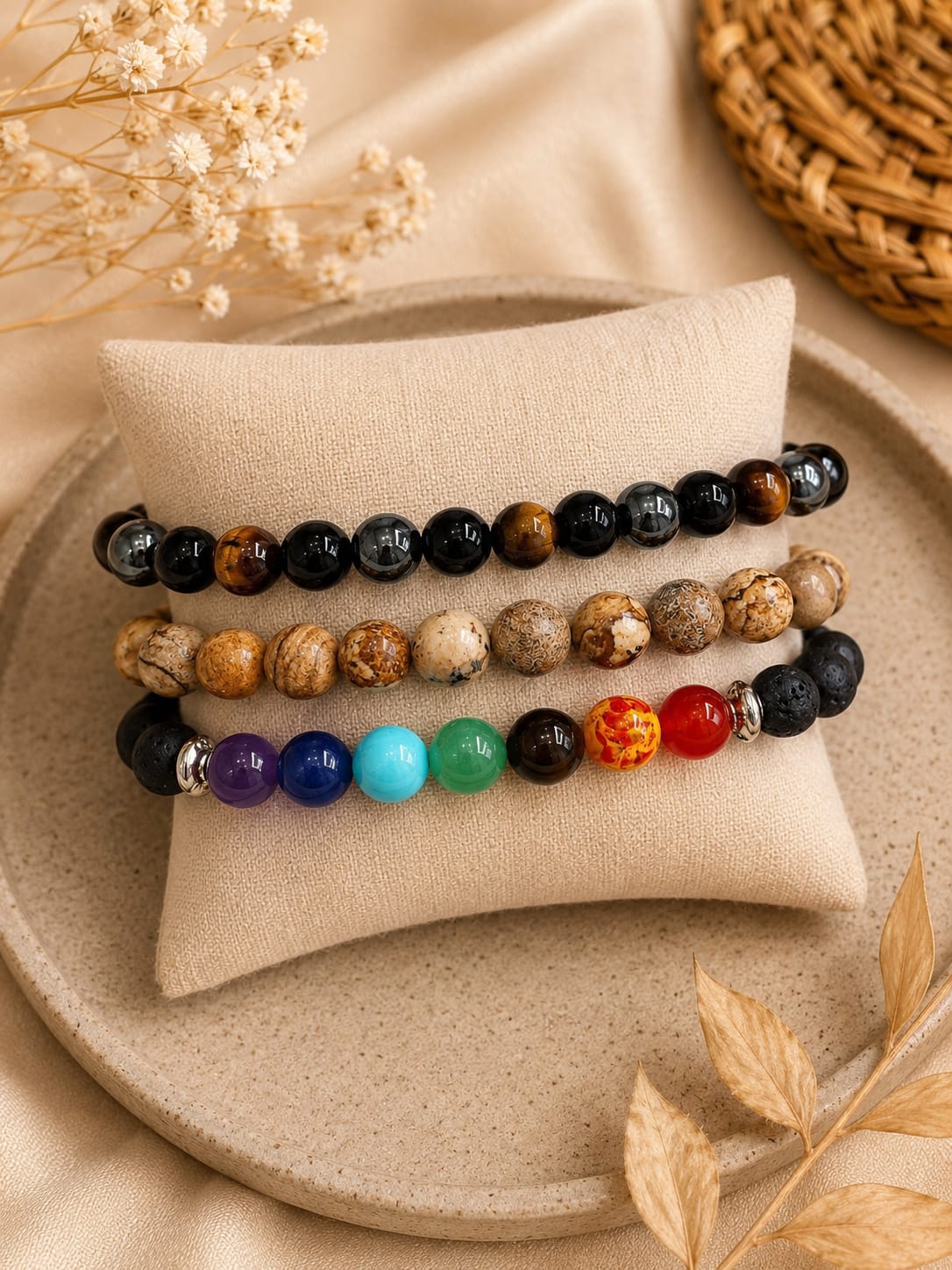 Seven Chakra , Picture Jasper And Tiger Eye Bracelet Combo