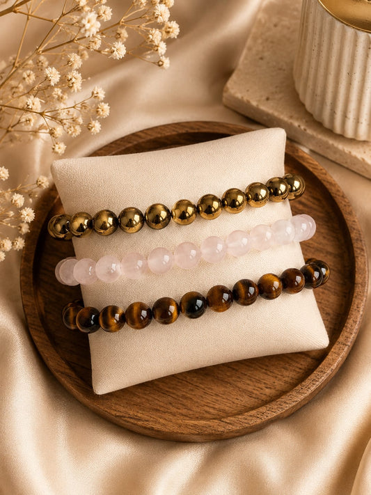 Pyrite, Rose Quartz And Tiger Eye Bracelet Combos