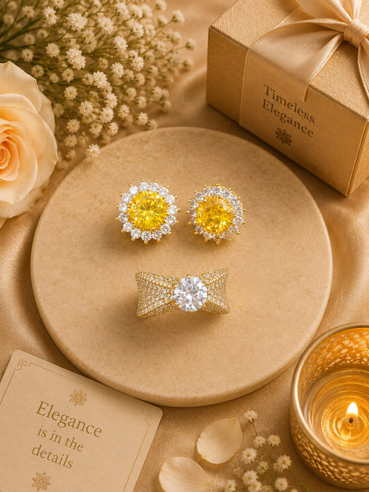 Yellow Ring And Studs Combo For Women And Rings