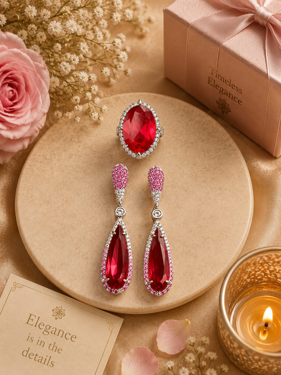 Doublet Stone Earring With Rings In Red Combo For Women And Girls